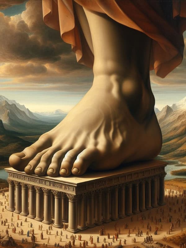 Ein kolossaler Fuß einer Statue ruht auf einem detaillierten Gebäude im antiken römischen Stil mit Säulen. Winzige menschliche Figuren wandern um den Sockel herum und veranschaulichen die immense Größe der Statue. Der Hintergrund zeigt bergiges Gelände und ein Flusstal unter einem bewölkten Himmel.