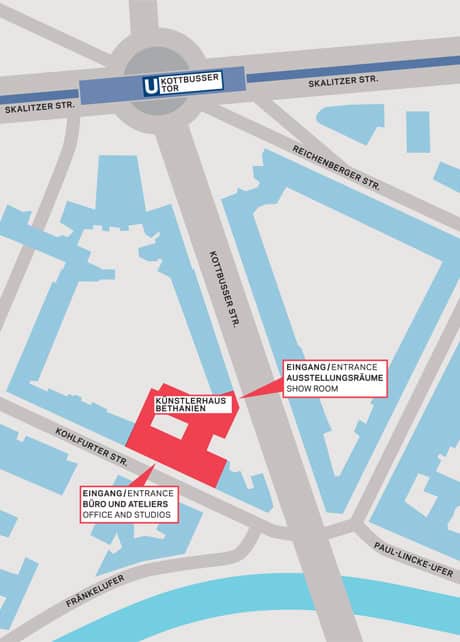 Map showing the location of Kunstraum Bethanien in Berlin. Highlights include major streets: Skalitzer Str., Reichenberger Str., Kottbusser Str., and others. Two entry points are marked for offices/studios and showroom on the map.
