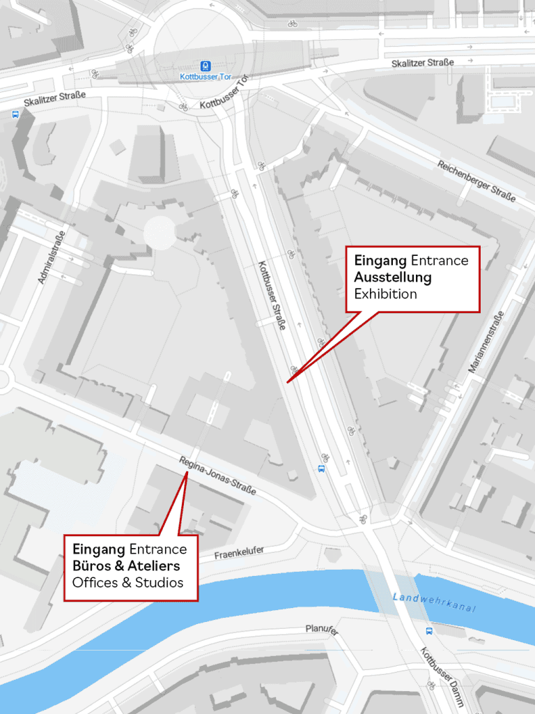 Ausschnitt einer Karte von Kreuzberg mit Markierungen für die beiden Eingänge des Künstlerhauses in der Regina-Jonas-Straße 41–43 und auf dem Kottbusser Damm